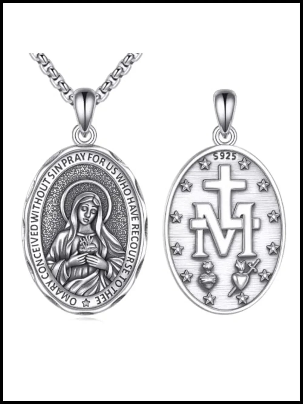 925 Sterling Silver Saint Medal Pendant Necklace with Virgin Mary Design